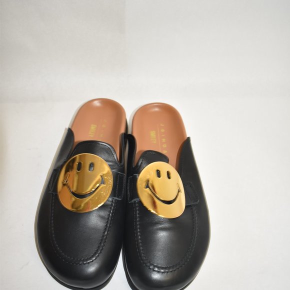 $700 JOSHUA SANDERS GOLD SMILEY-BUCKLE LEATHER SLIPPERS SLIDE BLACK 39 (TB20) - Picture 3 of 8